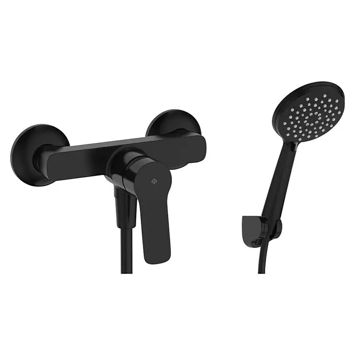 IO Rhio Grifo monomando de ducha - Negro - Grifo de ducha negro con teleducha. Diseño elegante para baños modernos.