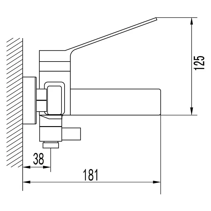 IO Tarsio Grifo monomando de bañera - Negro, Mate - Un dibujo lineal detallado de un grifo con medidas precisas para la instalación. El dibujo muestra las dimensiones del grifo.