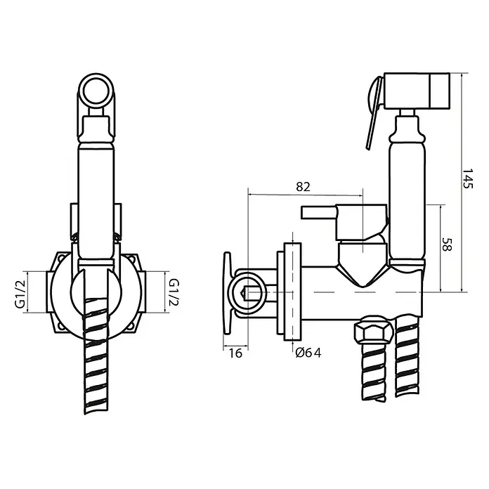 IO Round Grifo monomando de bidé - Cromo - Un dibujo técnico del grifo de agua del bidé, mostrando las dimensiones y las conexiones para la instalación de fontanería.