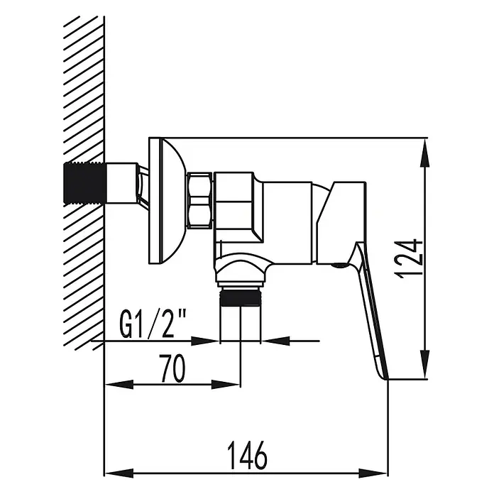 IO Rhio Grifo monomando de ducha - Negro - Dibujo técnico de una llave de escuadra con dimensiones. Ideal para la planificación e instalaciones en el área sanitaria.