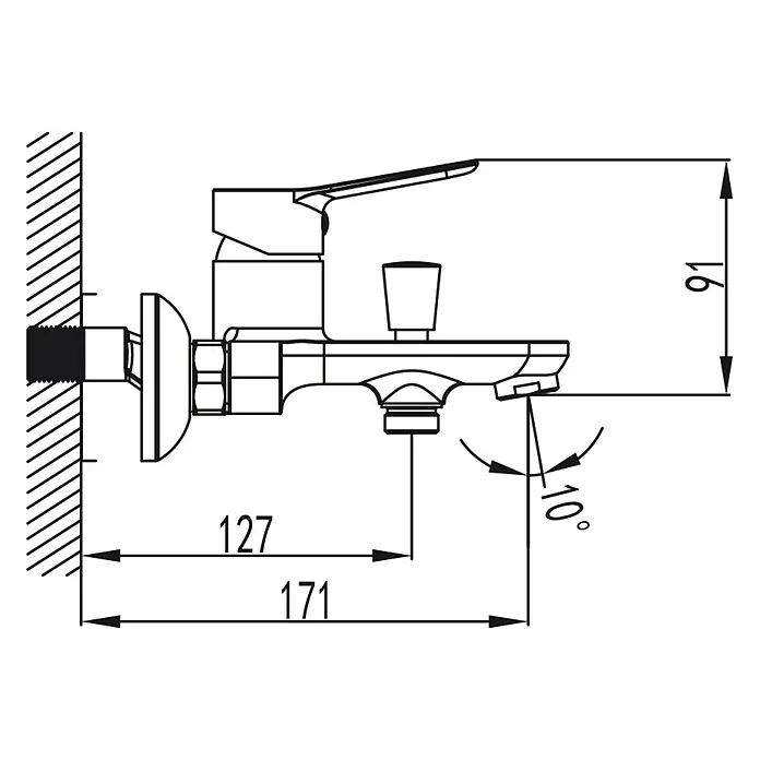 IO Rhio Grifo monomando de bañera - Negro, Mate - Dibujo técnico de un grifo con cotas para la instalación y detalles de diseño.