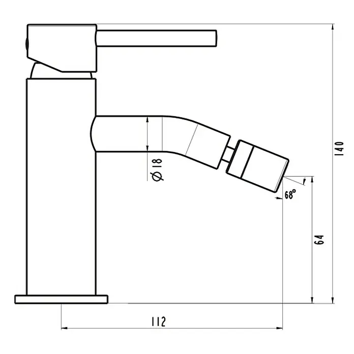 IO Sirio Grifo monomando de bidé - Cobre - Dibujo técnico de un grifo moderno con dimensiones.