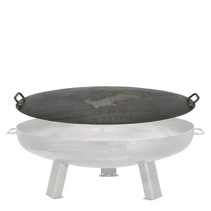 Buschbeck Feuerschalen-Abdeckung - Durchmesser Feuerschale: 80 cm, Eisen - Bild einer Feuerschale mit Deckel. Die Feuerschale ist aus Metall und steht auf drei Beinen. Sie ist ideal für gemütliche Abende im Garten.