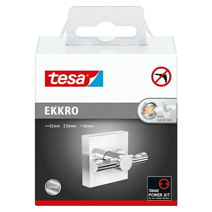 Tesa Ekkro Handtuchhaken - 2-armig, Chrom, Glänzend - Verpackung des Tesa EKKRO Chrom Bademantel- und Handtuchhalters zur Wandmontage mit Tesa Power.Kit Technologie.