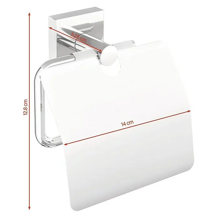 Tesa Ekkro Papierrollenhalter - Mit Deckel, Chrom, Verchromt - Nahaufnahme eines Toilettenpapierhalters mit Maßen, der ein elegantes Badezimmeraccessoire zeigt.