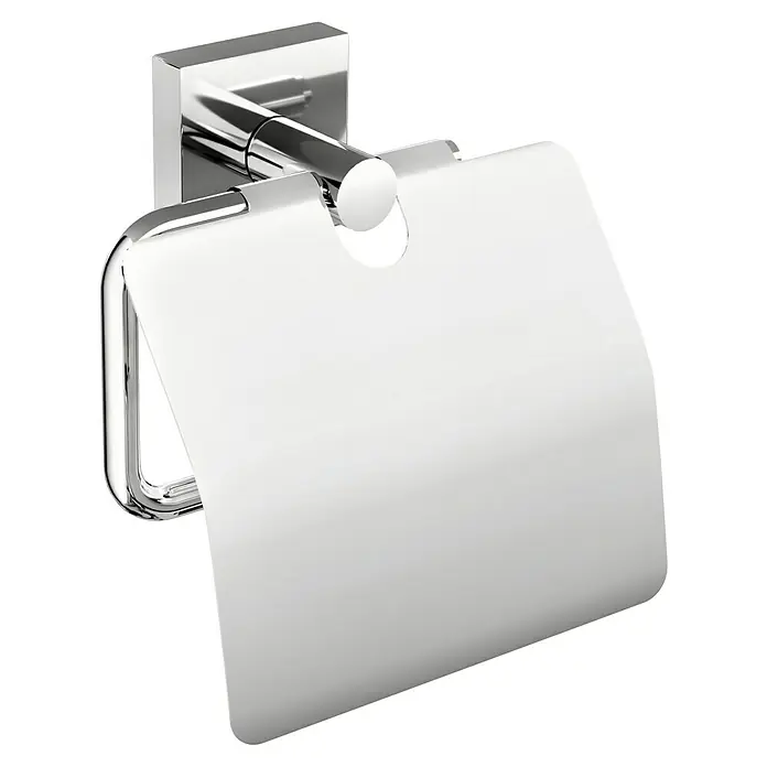 Tesa Ekkro Papierrollenhalter - Mit Deckel, Chrom, Verchromt - Nahaufnahme eines verchromten Toilettenpapierhalters mit einem weißen Deckel vor einem schwarzen Hintergrund.