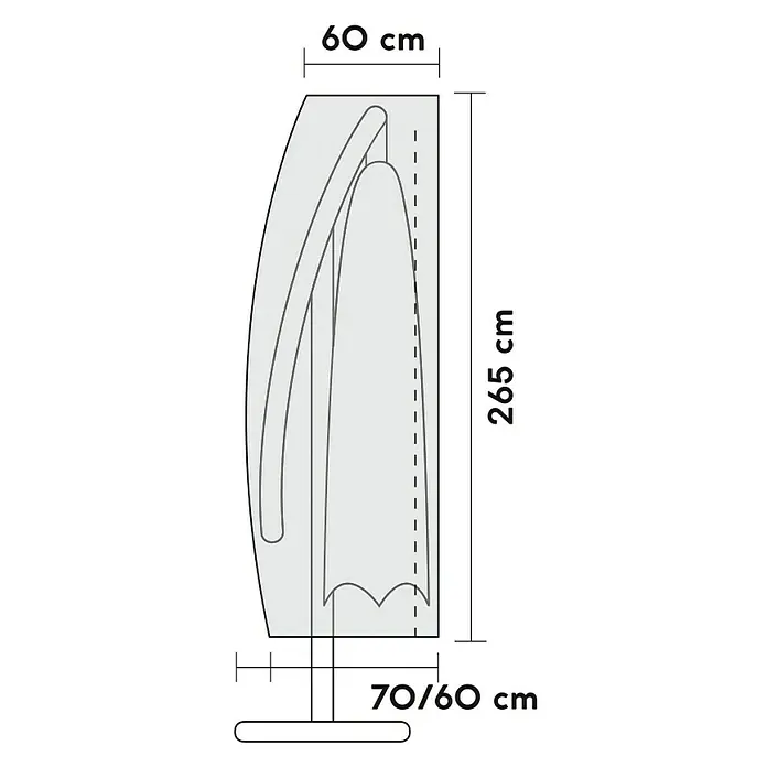 SENSUM Schirm-Schutzhülle - Kunststoff, Passend für: Ampelschirme bis Ø 450 cm - Schematische Darstellung eines Garderobenständers mit den Maßen 60 cm Breite, 265 cm Höhe und 70/60 cm Tiefe.