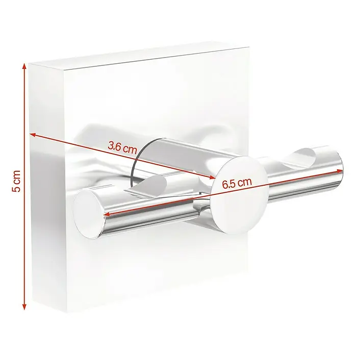 Tesa Ekkro Handtuchhaken - 2-armig, Chrom, Glänzend - Abbildung eines Doppel-Kleiderhakens mit den Maßen 5 cm Höhe, 3,6 cm Tiefe und 6,5 cm Länge der Haken.