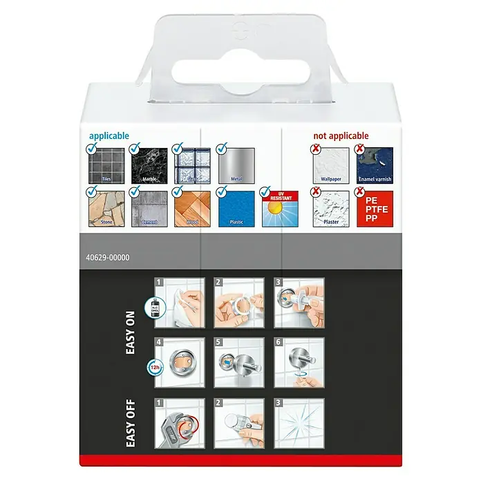 Tesa Ekkro Handtuchhaken - 2-armig, Chrom, Glänzend - Produktverpackung mit Anwendungs- und Montagehinweisen für verschiedene Oberflächen und eine einfache Montage/Demontage.