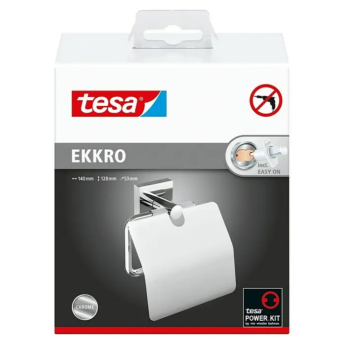 Tesa Ekkro Papierrollenhalter - Mit Deckel, Chrom, Verchromt - Verpackung des Tesa EKKRO Toilettenpapierhalters. Das Produkt ist verchromt und einfach zu montieren.