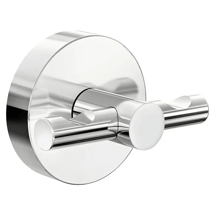 Tesa Smooz Handtuchhaken - 2-armig, Chrom, Glänzend - Ein glänzender, verchromter Doppelmantelhaken zur Wandmontage. Der Kleiderhaken ist robust, elegant und platzsparend für Badezimmer und Garderobe.