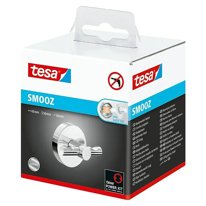 Tesa Smooz Handtuchhaken - 2-armig, Chrom, Glänzend - Tesa Smooz Bademantel Haken in Chrom-Optik, zur einfachen und stilvollen Aufbewahrung von Bademänteln.