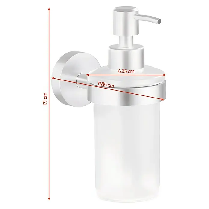 Tesa Moon Seifenspender - Mit Halterung, Edelstahl/Weiß, Matt - Bild eines silberfarbenen Seifenspenders mit Maßangaben für Höhe (17,1 cm) und Durchmesser (6,95 cm und 11,85 cm), geeignet für Badezimmer.