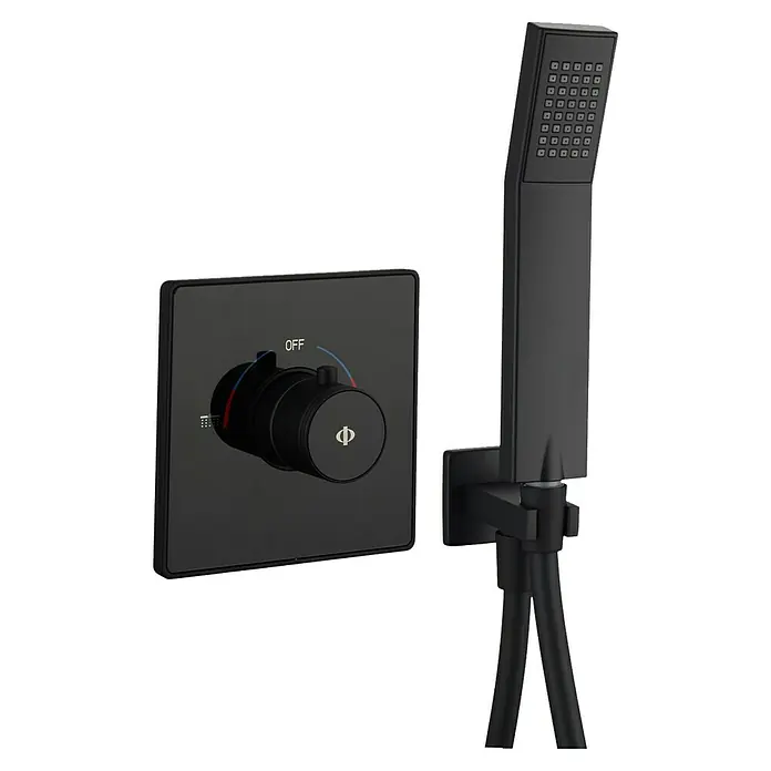IO Grifo monomando de ducha empotrado Universal - Negro - Conjunto de ducha negro con regulador de temperatura y teleducha. El diseño elegante mejora cualquier baño.