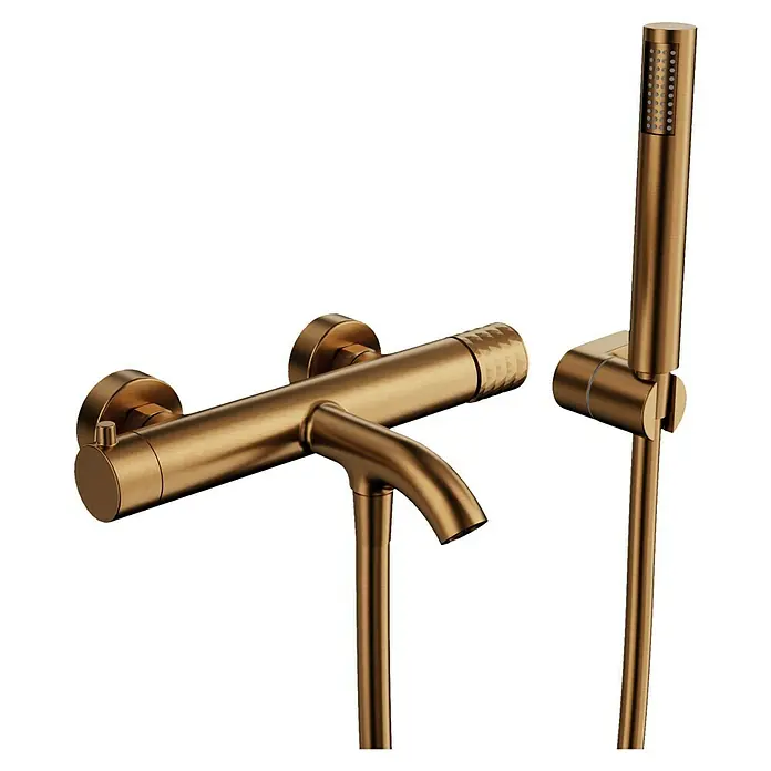 IO Helios Grifo monomando de bañera - Cobre, Satinado - Grifo de ducha de bronce con teleducha y soporte de pared. Diseño elegante para baños modernos.