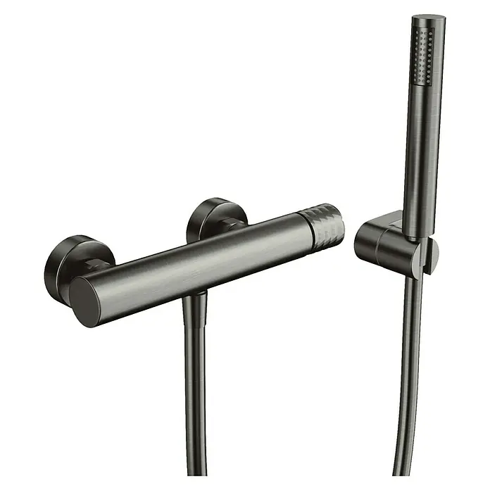 IO Helios Grifo monomando de ducha - Titanio - Grifo de pared con cabezal de ducha y manguera, elegantemente diseñado en metal cepillado. Un accesorio de baño moderno.