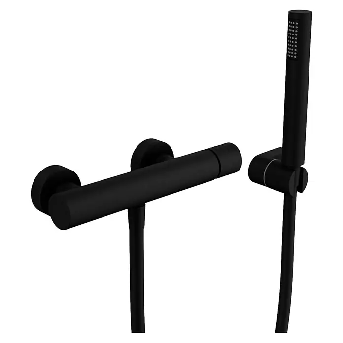 IO Helios Grifo monomando de ducha - Negro - Grifo de ducha negro con teleducha y manguera. Diseño de baño moderno con estética minimalista.