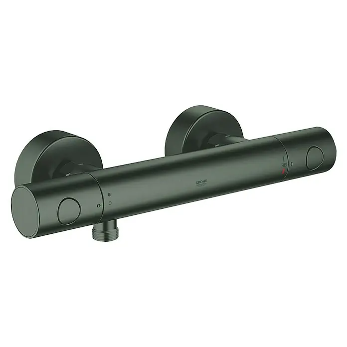 Grohe Grohtherm 1000 Cosmopolitan Brausethermostat - Hard Graphite gebürstet - Ein modernes, schwarzes Thermostat-Brausemischsystem von Grohe mit präziser Temperaturregelung und minimalistischem Design.