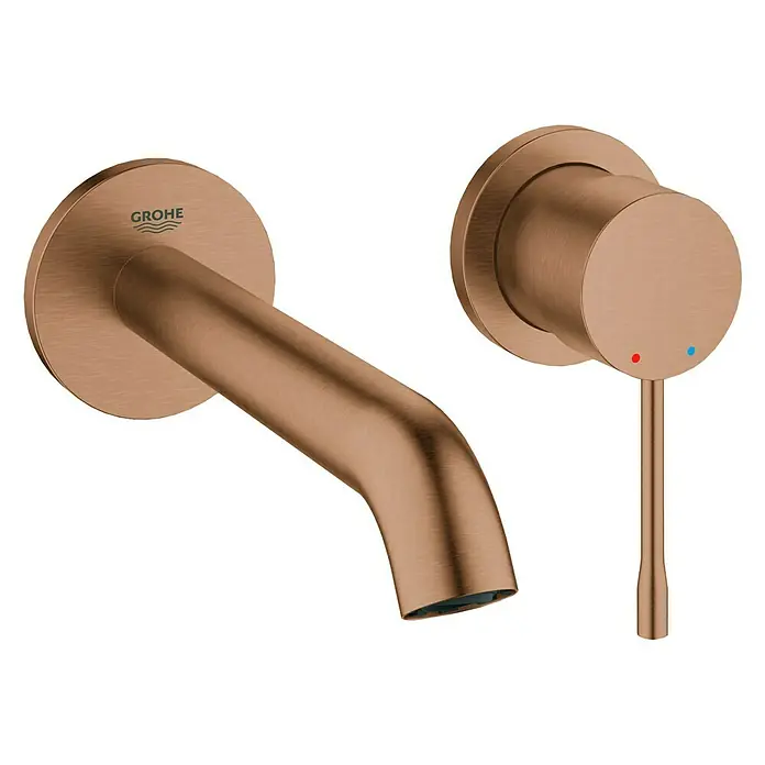 Grohe Essence Waschtischarmatur MWandmontage, Warm Sunset, Matt - Moderne Grohe Essence Waschtischarmatur in gebürstetem Roségold für die Wandmontage mit minimalistischem Design und Bedienhebel.