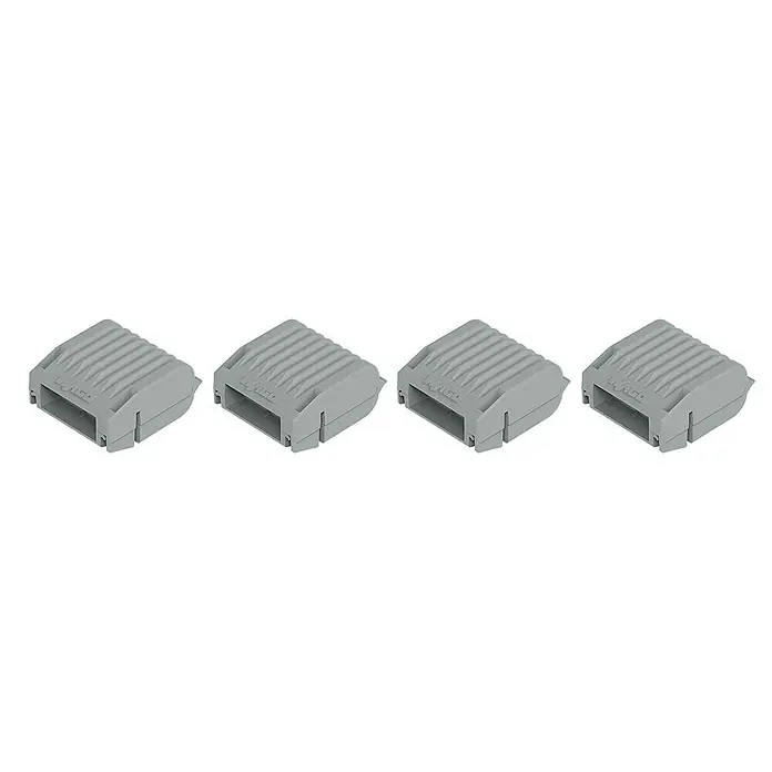 Wago Gelmuffe 207-1331 Größe 1 - 4 Stk., Schutzart: IPX8 - Diese Aufnahme zeigt vier graue Wago-Klemmen, die für eine einfache und sichere elektrische Verbindung sorgen. Ideal für vielfältige Anwendungen.