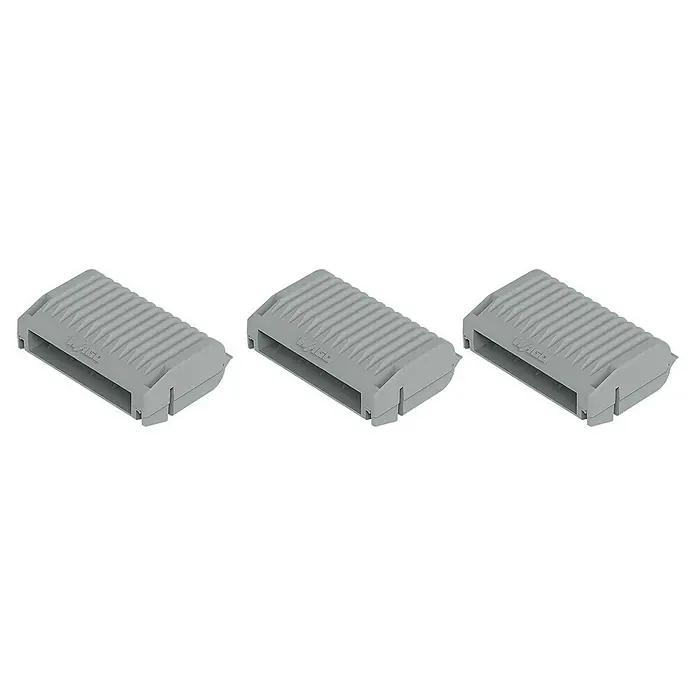Wago Gelmuffe 207-1333 Größe 3 - 3 Stk., Schutzart: IPX8 - Drei graue WAGO-Klemmen in einer Reihe, die eine zuverlässige und sichere Verbindung für elektrische Leitungen gewährleisten.