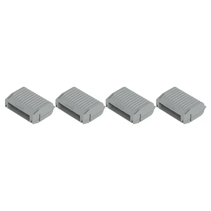 Wago Gelmuffe 207-1332 Größe 2 - 4 Stk., Schutzart: IPX8 - Vier graue WAGO-Klemmen sind aufgereiht. Die Klemmen sind kompakt und haben eine gerippte Oberfläche für sicheren Halt. Sie sind für elektrische Verbindungen konzipiert.