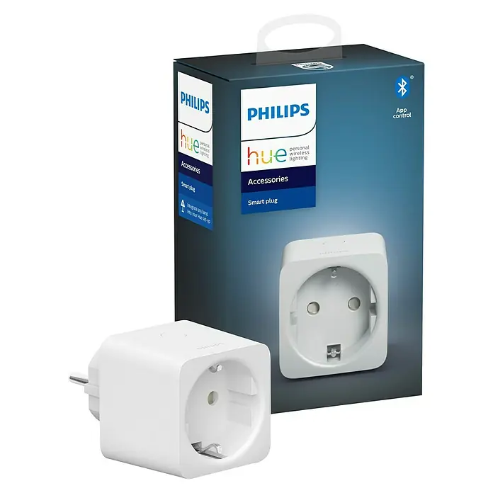 Philips Hue Funksteckdose Plug - Weiß, Max. Anschlussleistung: 2.300 W, 1 Stk. - Nahaufnahme eines Philips Hue Smart Plug mit Produktverpackung, der intelligente Beleuchtung für das Zuhause ermöglicht.