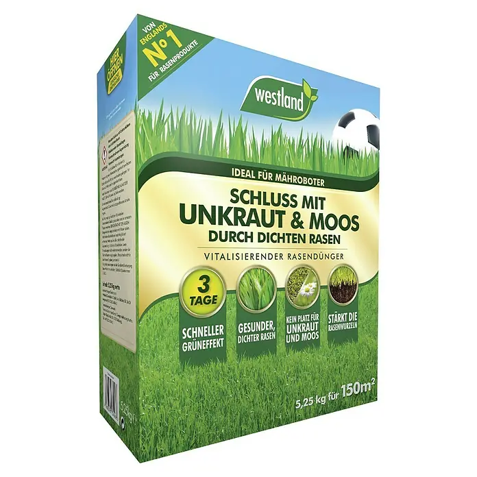 Westland Rasendünger Schluss mit Unkraut & Moos - 5,25 kg, Max. Anwendungsfläche: 150 m² - Bild einer Packung Westland Rasendünger, die Unkraut und Moos bekämpft und für einen vitalen, dichten Rasen sorgt.