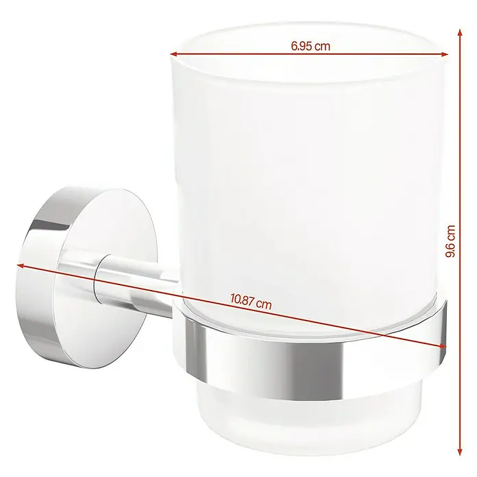 Tesa Smooz Zahnputzbecher - Mit Halterung, Metall, Chrom - Glas mit Halterung und Maßangaben. Das Produkt ist aus Chrom gefertigt und misst 9,6 cm Höhe und 6,95 cm im Durchmesser.