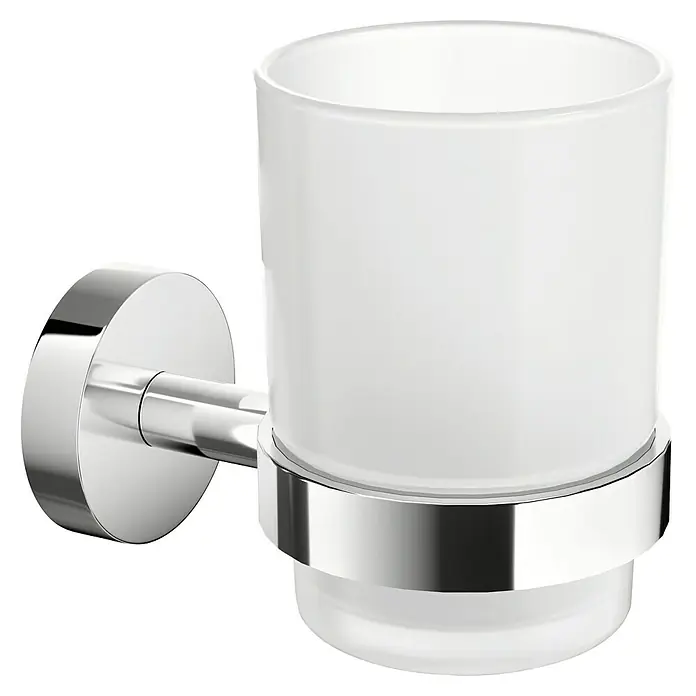 Tesa Smooz Zahnputzbecher - Mit Halterung, Metall, Chrom - Eleganter Zahnputzbecherhalter mit mattiertem Glasbecher und verchromter Halterung zur Wandmontage. Stilvolle Badaccessoire.
