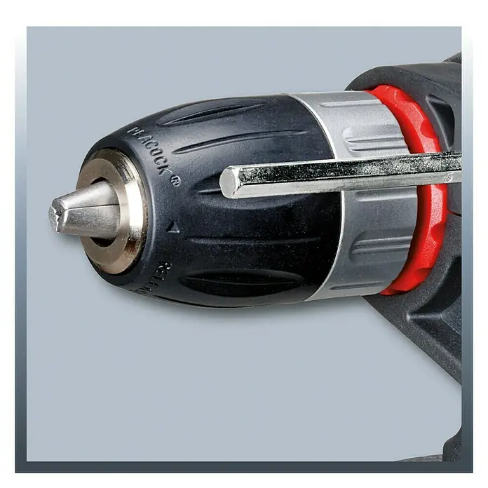 Einhell Schlagbohrmaschine TC-ID 550 E550 W, Schnellspannbohrfutter - Nahaufnahme eines Einhell Akku-Bohrschraubers, der ein robustes, präzises Bohrfutter mit Werkzeugaufnahme zeigt. Ideal für Handwerker und Heimwerker.