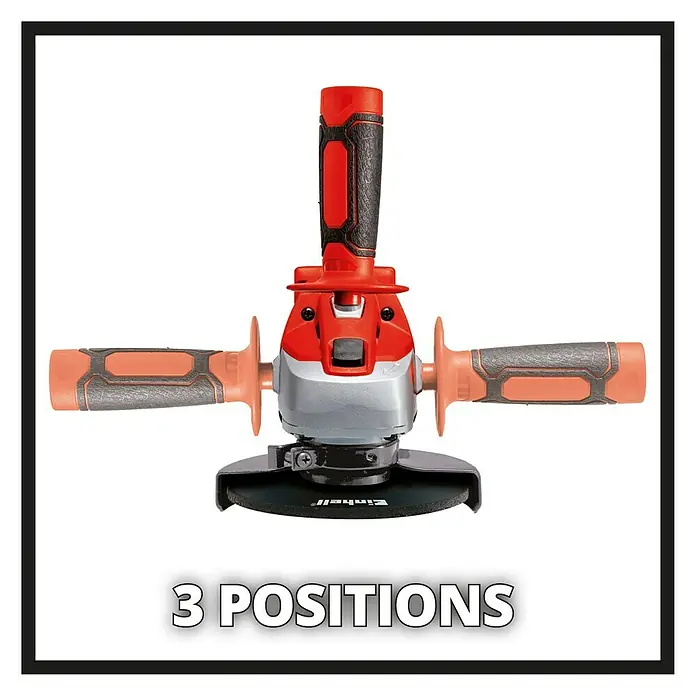 Einhell Power X-Change 18V Akku-Winkelschleifer TC-AG 18/115 Li-Solo - 18 V, Ohne Akku, Durchmesser Scheibe: 115 mm - Bild einer Einhell Winkelschleifmaschine mit drei Griffpositionen, ideal für verschiedene Anwendungen.