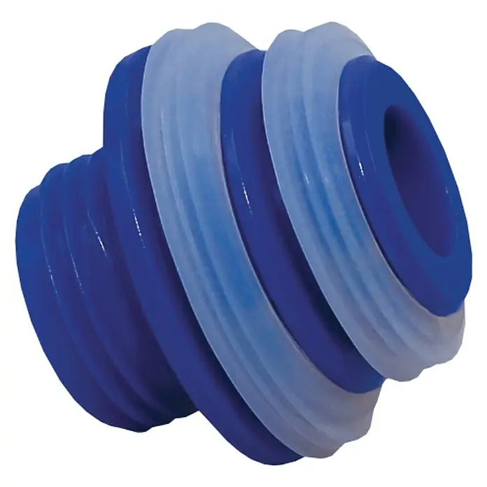 Altadex Riego para vacaciones - Plástico - Primer plano de un objeto en espiral azul y blanco con un agujero en el medio, que se asemeja a un juguete o componente industrial.