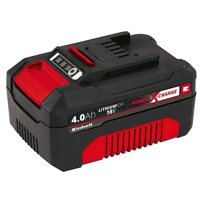 Einhell PXC 18V Batería - 4 Ah - Una batería Einhell 4.0Ah 18V Power X-Change con indicador de nivel de carga y botón rojo. Ideal para herramientas y jardín.