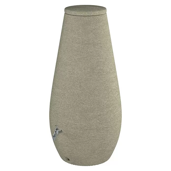 Arves Regenspeicher Drop - 200 l, Beige, 1 Stk. - Langer, beiger, strukturierter Regenwassertank mit Zapfhahn und Ablassloch.