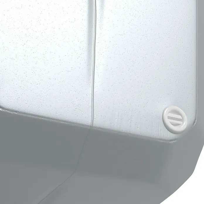 Arves Regenspeicher Multitank - 250 l, Betonoptik, 1 Stk. - Nahaufnahme eines transparenten Behälters mit einem weißen Verschluss, der die glatte Textur und das minimalistische Design des Produkts hervorhebt.