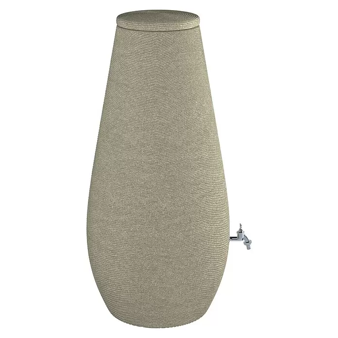 Arves Regenspeicher Drop - 200 l, Beige, 1 Stk. - Beigefarbenes, ampförmiges Regenwasserfass mit strukturierter Oberfläche, Deckel und Metallhahn.