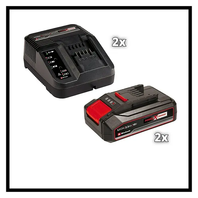 Einhell PXC 18V Cortacésped de batería GE-CM36/33 - 18 V, 2 baterías, 2,5 Ah, Ancho de corte: 33 cm - Imagen del producto de un kit de inicio Einhell Power X-Change con un cargador y una batería de 18V 2.5Ah, perfecto para herramientas.