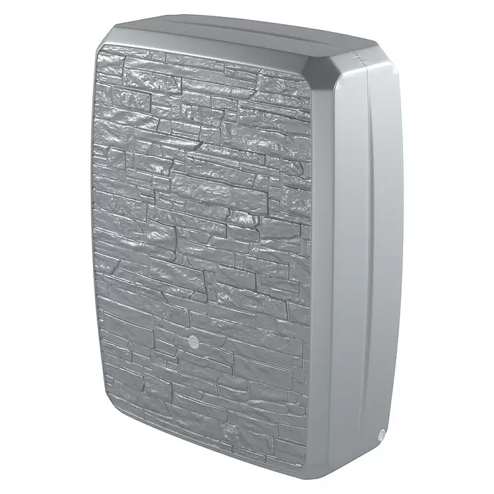 Arves Regenspeicher Multitank - 250 l, Betonoptik, 1 Stk. - Graue rechteckige Abdeckung mit strukturierter Steinblock-Vorderseite und glatten Seiten, mit kleinen runden Elementen.