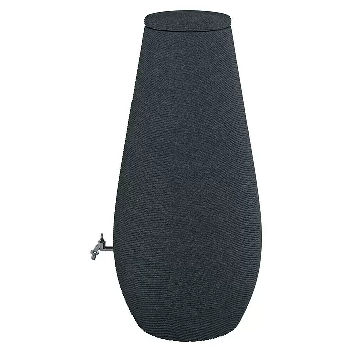 Arves Regenspeicher Drop - 200 l, Anthrazit, 1 Stk. - Dunkelgraue gerippte Regentonne mit silbernem Wasserhahn an der Seite.