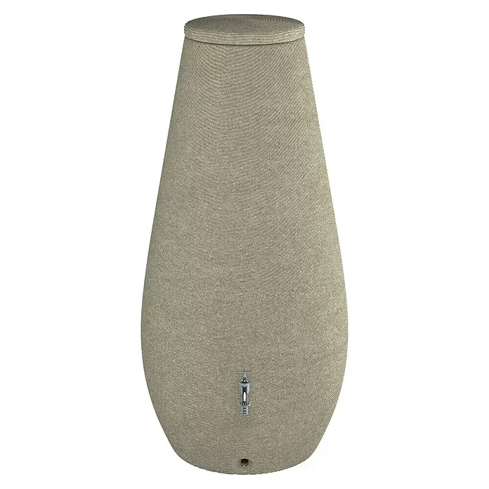 Arves Regenspeicher Drop - 200 l, Beige, 1 Stk. - Heller beigefarbener Regenwassertank mit strukturierter Oberfläche, integriertem Hahn und Bodenablauf.