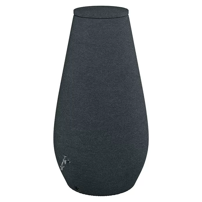 Arves Regenspeicher Drop - 410 l, Anthrazit, 1 Stk. - Dunkelgraue, texturierte Regentonne mit silbernem Wasserhahn.