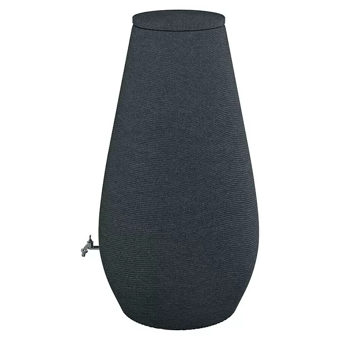 Arves Regenspeicher Drop - 410 l, Anthrazit, 1 Stk. - Dunkelgraue Regentonne mit texturierter Oberfläche und einem silberfarbenen Wasserhahn.