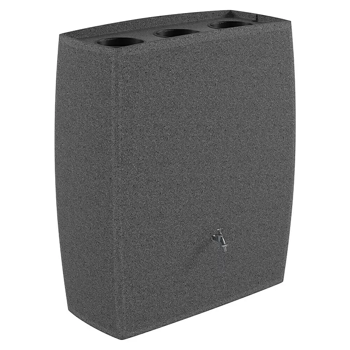 Arves Regenspeicher Boxy - 720 l, Granitkörnung, 1 Stk. - Dunkelgraue, strukturierte Regentonne mit drei oberen Öffnungen und silbernem Zapfhahn.