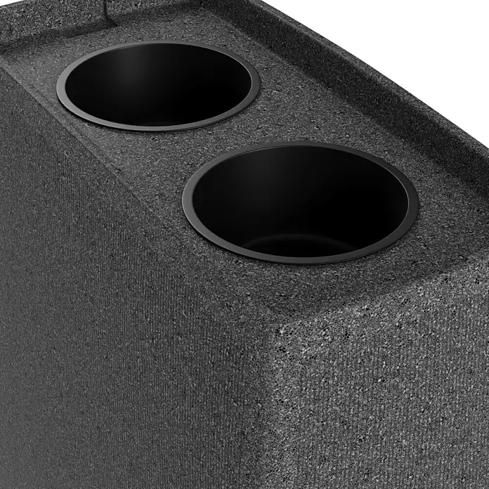 Arves Regenspeicher Boxy - 270 l, Granitkörnung, 1 Stk. - Nahaufnahme einer robusten schwarzen Abfalltrennungseinheit mit zwei runden Öffnungen für die Müllentsorgung. Stilvoll und funktional.