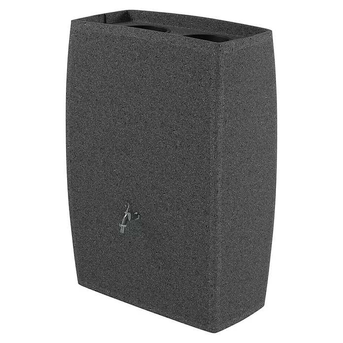 Arves Regenspeicher Boxy - 270 l, Granitkörnung, 1 Stk. - Dunkelgraue texturierte Regentonne mit silbernem Wasserhahn und zwei oberen Öffnungen.