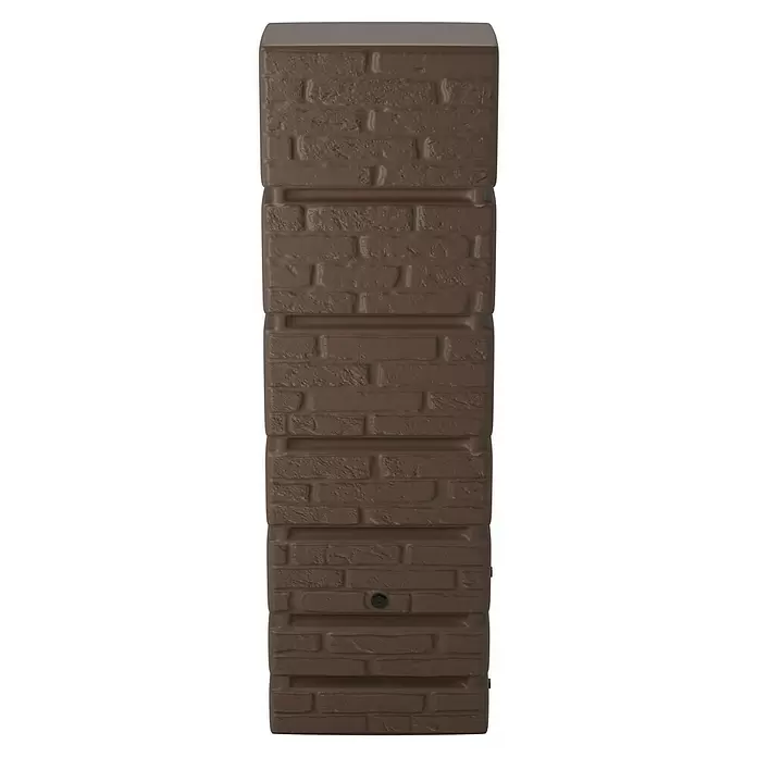 Arves Regenspeicher Tower - 350 l, Braun, 1 Stk. - Hohe, rechteckige braune Regentonne mit Ziegelsteinmuster und schwarzem Auslaufhahn.