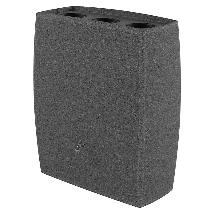 Arves Regenspeicher Boxy - 720 l, Granitkörnung, 1 Stk. - Dunkelgraue, strukturierte rechteckige Regentonne mit drei oberen Öffnungen und einem Wasserhahn vorne.