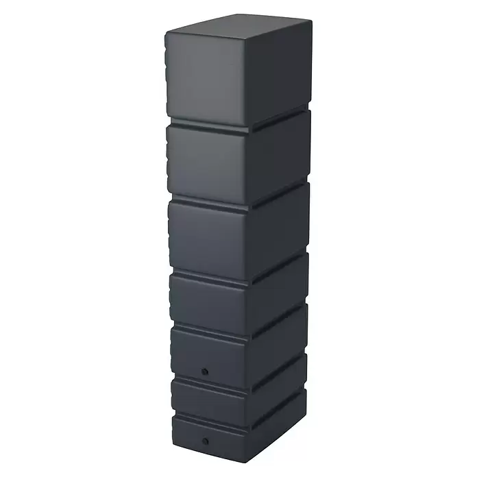 Arves Regenspeicher Tower - 350 l, Anthrazit, 1 Stk. - Hohe, dunkelgraue, rechteckige Regentonne mit modularem, gerilltem Design und zwei Auslässen.