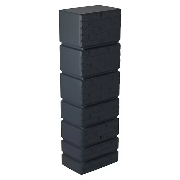 Arves Regenspeicher Tower - 350 l, Anthrazit, 1 Stk. - Hoher, dunkelgrauer Regenwassertank mit Ziegeloptik-Vorderseite und glatten Seiten, mit einem Hahn unten.
